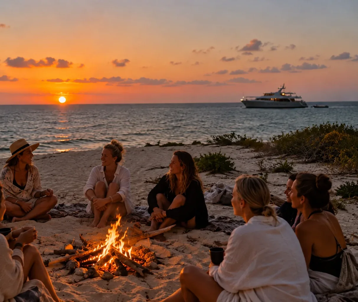Women gathered around a campfire on the beach at sunset, the yacht anchored offshore
